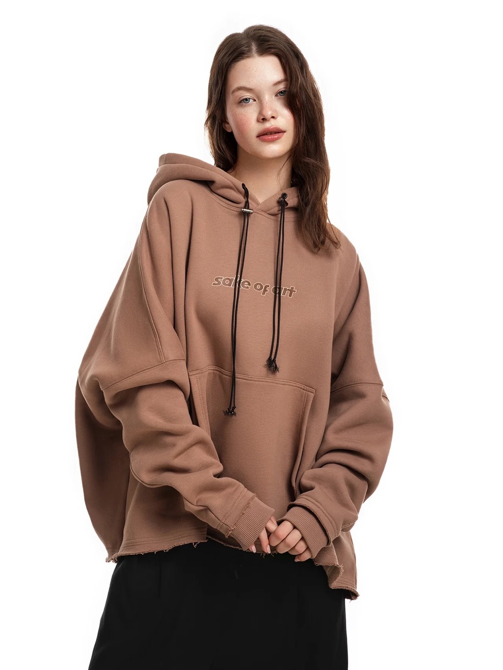 Relaxed Oversized Brown Hoodie with Contrast Drawstrings